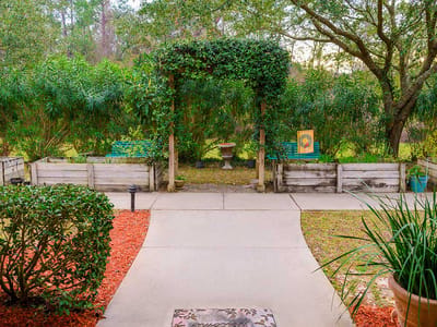 A garden path leading to a green archway