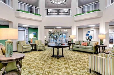 Bright and welcoming common area with seating