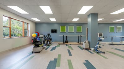 Interior exercise room with fitness equipment