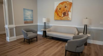 Bright interior lounge with seating and art