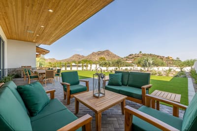 Outdoor seating area with mountain view