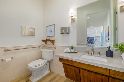 Modern bathroom with accessible features and natural light