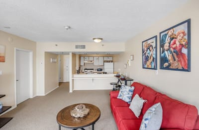 Cozy living area in a senior apartment with art