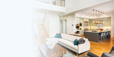Interior view of a modern common area with a kitchen