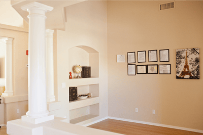 Bright interior corner of a common area with decor