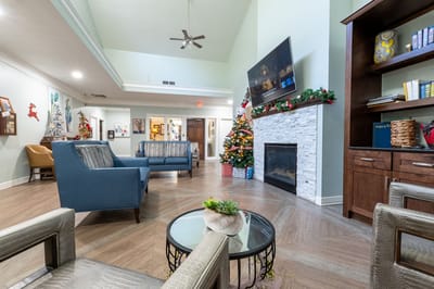Interior of a cozy common area with festive decorations