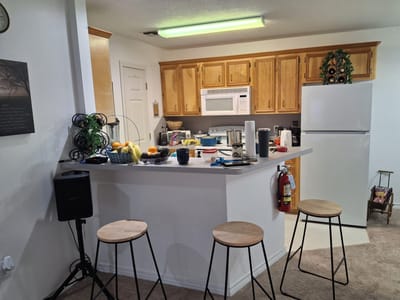Interior view of a kitchen area with food