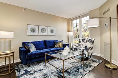 Cozy common area with blue furniture and decorative accents