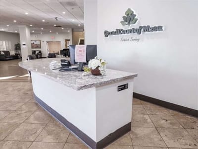 Reception area with facility name displayed clearly