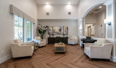 Bright, modern common area with comfortable seating