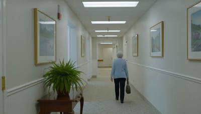 Resident walking in a well-lit corridor