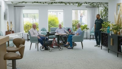 Residents socializing in a common area of the facility