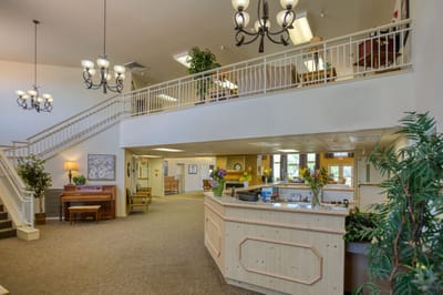 Bright lobby area with seating and decor