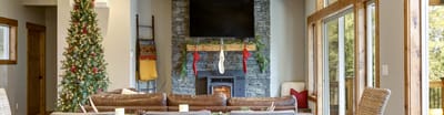 Cozy lounge area decorated for the holidays
