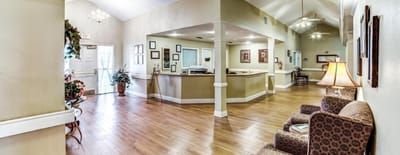 Bright lobby area with seating and decor