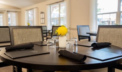 Bright dining area with neatly arranged tables