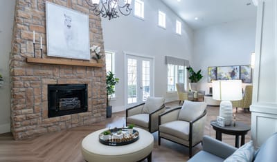 Interior view of a cozy common area with seating