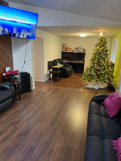 Cozy common area with a holiday tree and seating