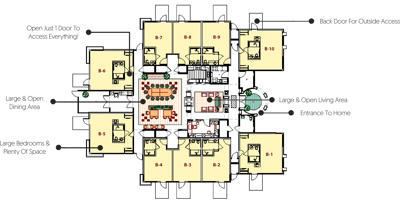 Architectural floor plan layout of a senior care community