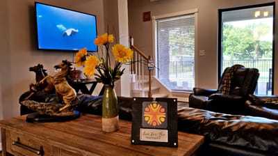 Interior living area with decorative elements and a TV