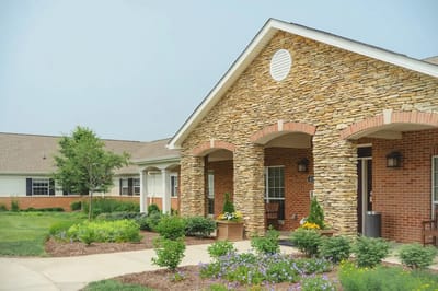 Exterior view of a senior living facility entrance