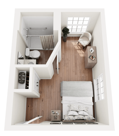 Luxury resident room layout with furniture and bathroom