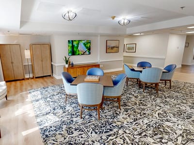 Bright common area with seating and decor