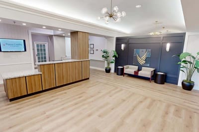Bright and modern lobby interior with seating