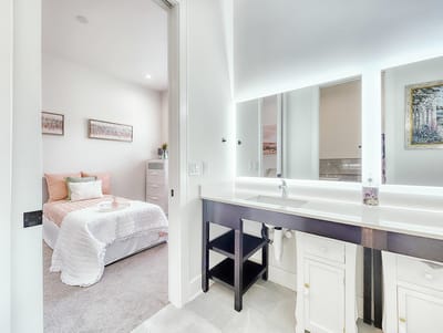 Interior view of a resident room with bathroom