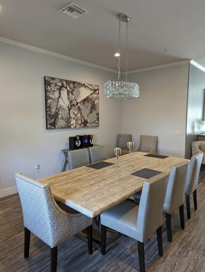Elegant dining area with a large table and decor