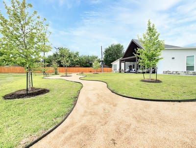 A pathway through a landscaped garden area