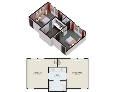 Architectural floor plan of a two-bedroom unit