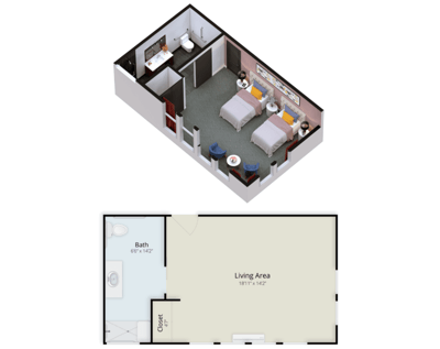 Architectural floor plan of a resident room and living area