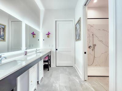 Clean, modern assisted living bathroom with amenities