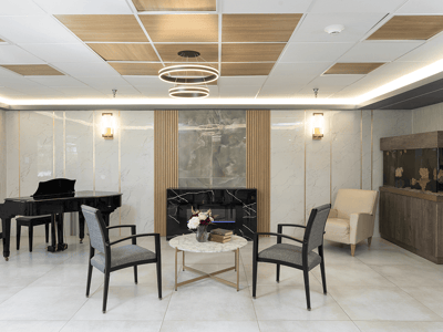 Stylish common area with seating and piano