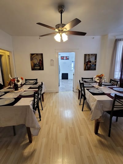 Dining area set up with tables and decor