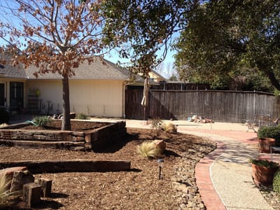 Outdoor garden area with paths and vegetation.