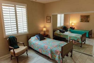 Cozy resident room with colorful bedding