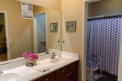 Bathroom interior with flowers on counter