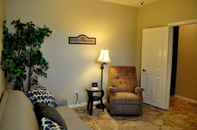 Cozy living area with armchair and plant