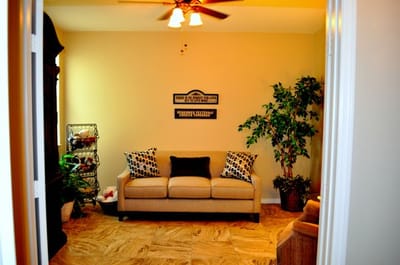 Cozy common area with a sofa and plants
