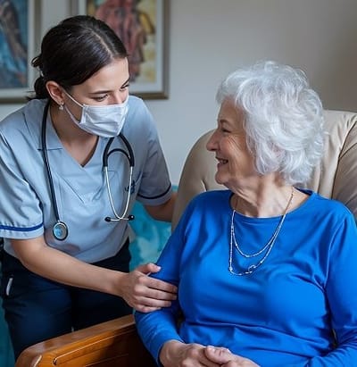 Caregiver interacting with senior resident in a cozy setting.