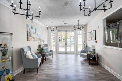 Bright interior view of a common area with seating