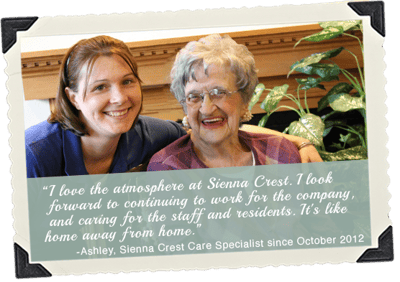 Care specialist and resident in a welcoming space