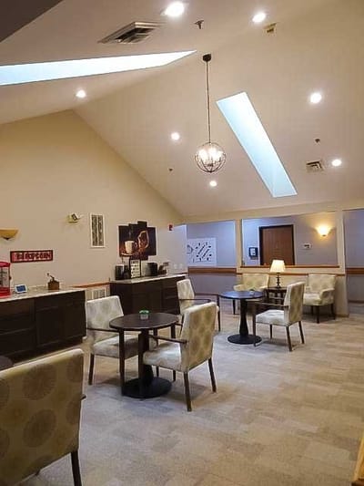 Common area with tables and chairs.