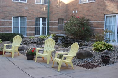 Outdoor seating area with yellow chairs and garden