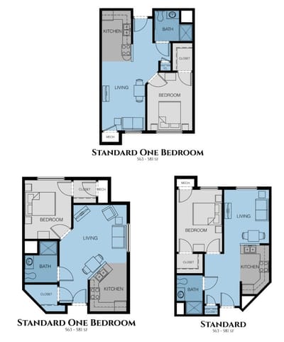 Architectural floor plan of a one-bedroom unit.