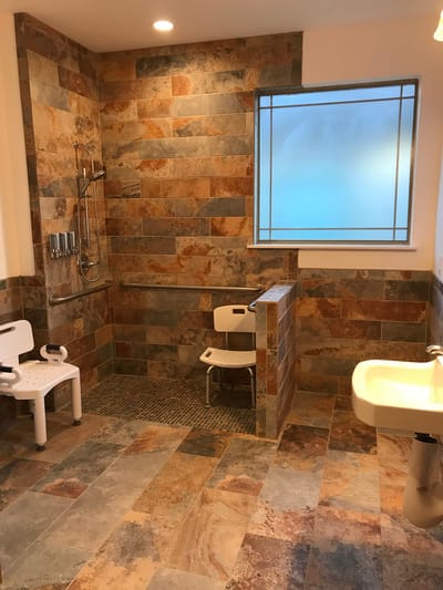 Brightly designed bathroom with safety features