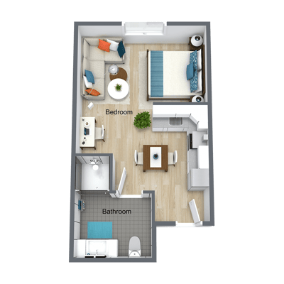 A layout of a one-bedroom suite with living area and kitchen