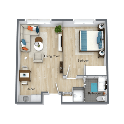 Floor plan of a one-bedroom apartment layout